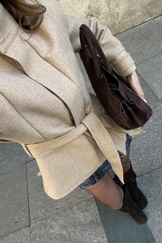 Bej Vatkalı Kuşaklı Kaşe Ceket - 1001 Bej