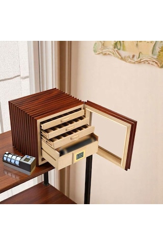Cigarloong Camlı 3 Çekmeceli Puro Kutusu Ceviz 60's Cigarspa Elektronik Nemlendirme