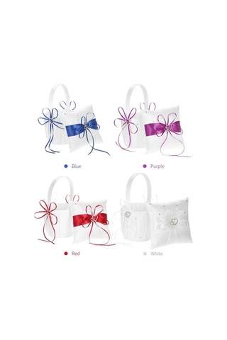 Novahub Şık Düğün Seti: Beyaz Kurdeleli Çiçek Sepeti, Yüzük Yastığı, 15x15x5, 22.5x13x12, Renk: Beyaz/mavi/mor/kırmızı Diğer