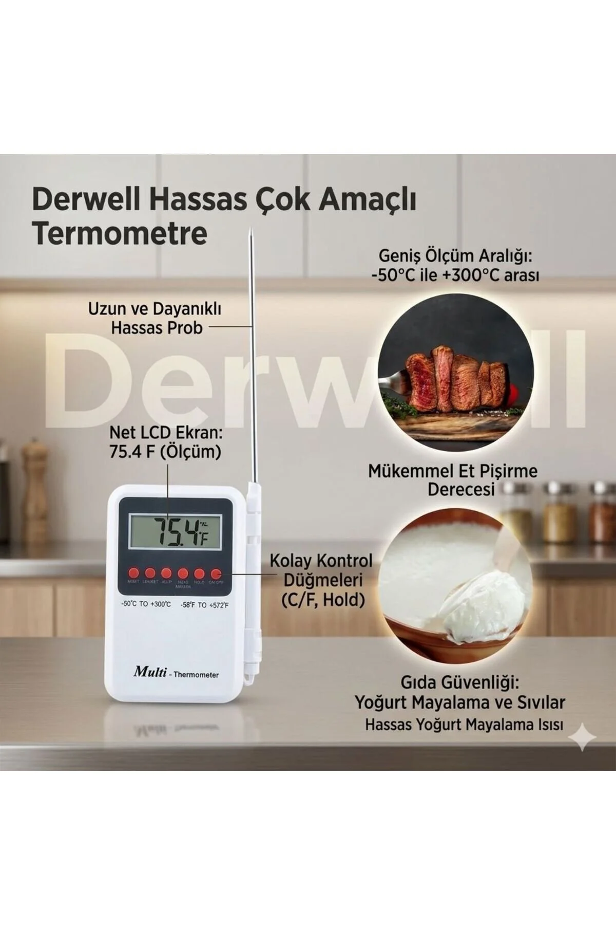 Hassas Dijital Mutfak Termometresi: Et, Yoğurt Ve Sıvı İçin Hızlı Isı Ölçer. Paslanmaz Çelik Problu, Lcd Ekranlı Gıda Derecesi. -50 C / +300 C Ölçüm Aralığıyla Profesyonel Mutfak Yardımcısı