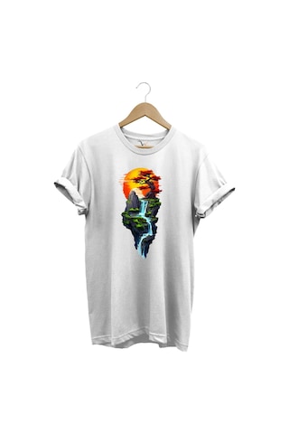 Manzara Ağaç Güneş Dağ Ve Nehir Baskılı %100 Pamuk Regular Fit Bisiklet Yaka Beyaz T-shirt Beyaz