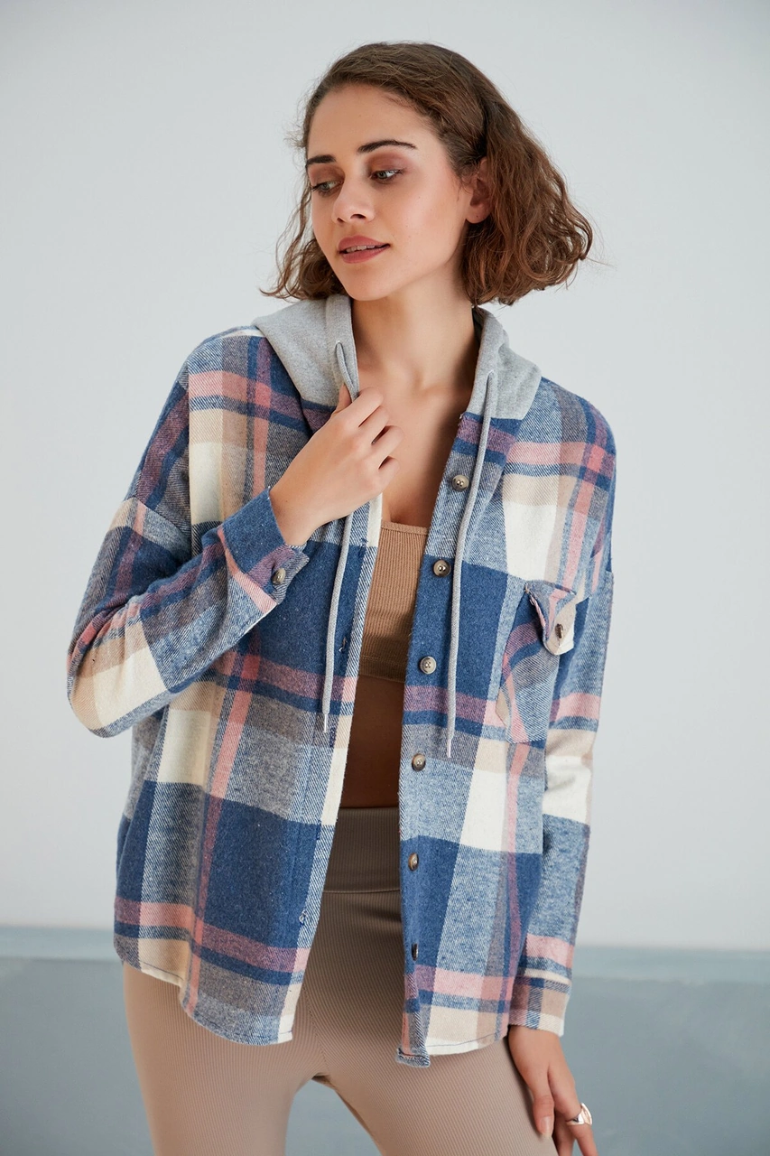 Pikka Online Kadın Çok Renkli Soft Mavi Oduncu Oversize Ceket Gömlek Kahverengi - Mavi
