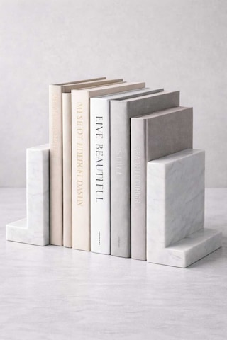 Masif Beyaz Mermer Kitap Tutucu 2 Li Set - Minimal L Tip Dekoratif Bookend Ofis & Salon Raf Aksesuaı