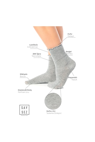 Bambu Kadın Lastiksiz Gri Fırfırlı Soket Dikişsiz Çorap 3'lü Paket / İz Bırakmaz / Sıkmayan Çorap Renkli