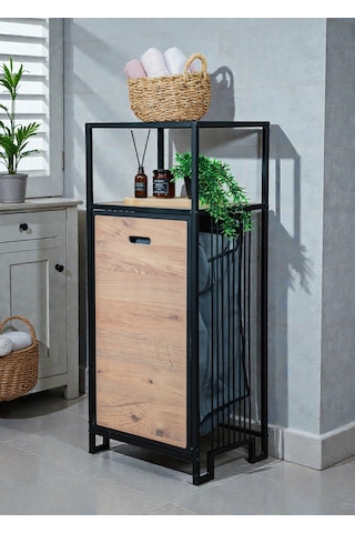 Dekoratif Kirli Sepetli Banyo Dolabı Ahşap Raflı Metal Gövdeli 2 Raflı Çamaşır Sepeti Banyo Düzenleyici Organizer Siyah