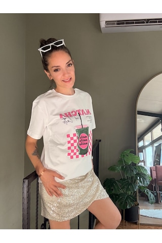 Ali Butik Ekru Matcha Iced Latte Baskılı Tişört