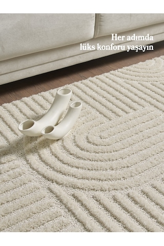 Yumuşak Peluş Tüylü İskandinav Desenli Kabarık Bukleli Krem Renkli Halı Krem