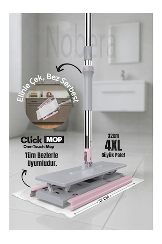 Nobera Click Mop Kıskaçlı Sıkıştırmalı Mop Tüm Bezlere Uyumlu, 360 Hareketli Başlık, 8 Bez Hediye