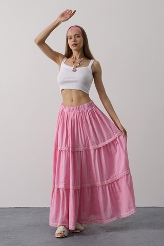 Dantel Detaylı Etek - Pembe Pembe