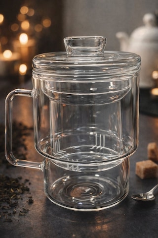 Qerhome Borosilikat Cam Süzgeçli Cam Kapaklı Bitki Çayı Kupası 450 Ml Şeffaf