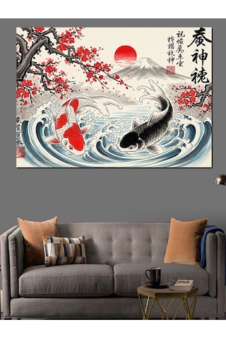Ahşap Tablo Japon Tarzı Balık Ve Güneş