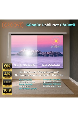 Groove Vizio Pro 120 Inch Blackout Işık Geçirmez Elektrikli Otomatik Kumandalı Projeksiyon Perdesi 265x150cm +motorlu+canlı Renkler+göz Koruması+leke Tutmaz Projector