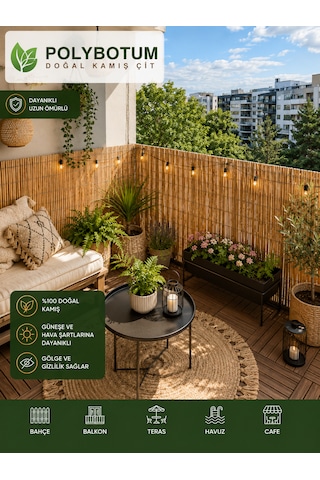 Polybotum Premium Doğal Kamış Hasır Balkon Çiti 70x300 Cm Sık Dokuma Dayanıklı Bahçe, Teras Ve Balkon İçin Dekoratif Gizlilik Çiti Sarı - Siyah