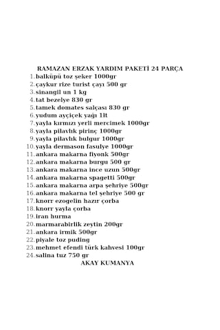 Ramazan Erzak Paketi Kumanya Kolisi 24 Parça