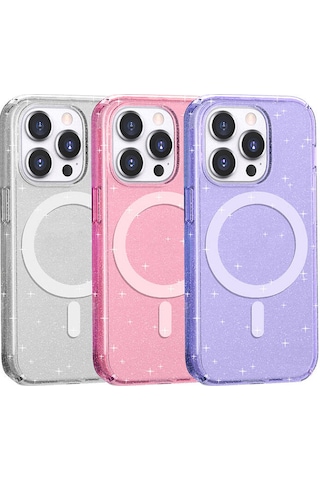 Apple Uyumlu iPhone 14 Pro Kılıf M-safe Şarj Özellikli Parlayan Simli Saydam Renkli Zore Allstar Kapak Şeffaf