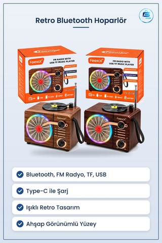 Işıklı Retro Bluetooth Fm Radyo Hoparlör Usb Tf Kart Şarjlı Taşın