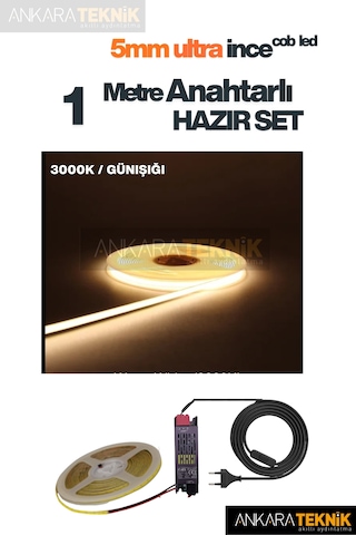 Ankara Teknik 5mm Ultra Ince Cob Şerit Led - Günışığı 12volt Tak Çalıştır Anahtarlı Set Metre Seçiniz 1 Metre