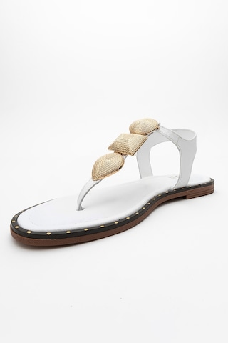 Luvishoes Luvi Shoes Helen Beyaz Hakiki Deri Parmak Arası Gold Tokalı Kadın Sandalet Beyaz