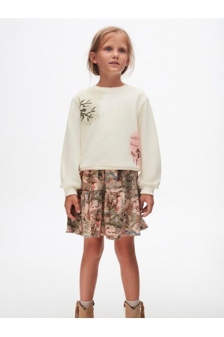 Kız Çocuk Pamuklu Orta Kalınlık Batik Desenli Sweatshirt-14714 KREM