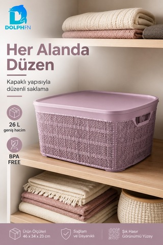 Jute Kapaklı Saklama Kutusu 26 L Plastik Mutfak Kiler Dolap İçi Organizer 46x34x23 Cm Mor