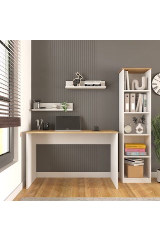 Olven Raflı Çalışma Masası Ve Kitaplık Seti , Beyaz - Meşe