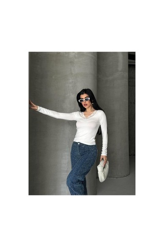 Dima Fashion Dantel Detaylı Bluz Beyaz