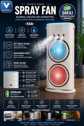 Vothoon Çift Başlıklı Sprey Fan Nemlendirici Ve Renkli Led Işıklı
