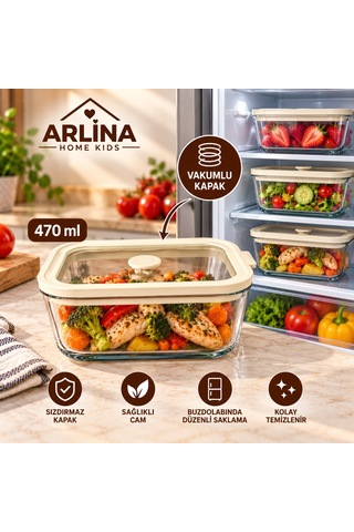 470 Ml Vakum Kapaklı Cam Saklama Kabı Krem