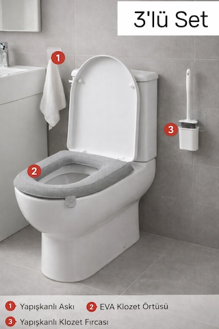 Primeaks 3 Lü Banyo Seti Eva Klozet Süngeri, Duvara Yapışan Klozet Fırçası Ve 5 Kancalı Yapışkanlı Askı Çok renkli