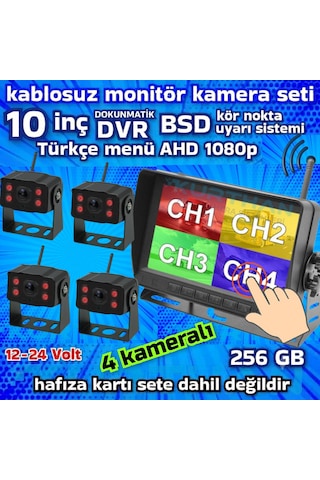 10 İnç Dvr 4 Kameralı Kablosuz Dokunmatik Ahd 1080p Bsd Kör Nokta Uyarı 12 24 Volt