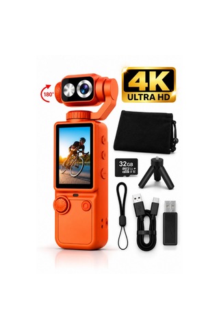 4k Ultra Hd Dijital Kamera 180 Dönen Lens Taşınabilir Video Fotoğraf Kamera 32gb Hafıza Kartı Hediyedir