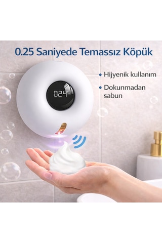 Polham Akıllı Sensörlü Köpük Sabunluk 280ml 0.25s Hızlı Sensör Şarjlı Dijital Ekranlı Otomatik Sabunluk Beyaz