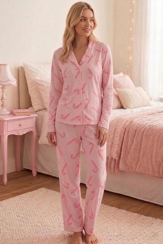 Fit Women Baston Şeker Desenli Uzun Kollu Pijama Takımı 4601 -pembe