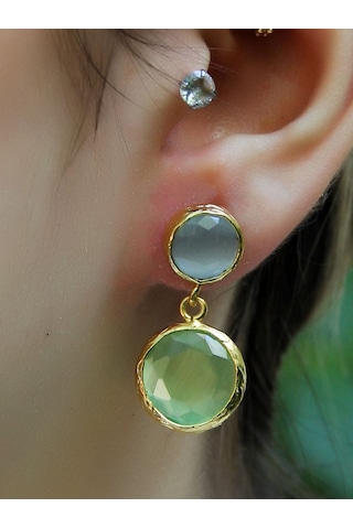 İkili Yuvarlak Modelli Kedigözü Cam Gold Kaplamalı Kadın Küpe Euku25by Yeşil