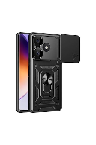 Xiaomi İle Uyumlu Poco F6 Kılıf Magnetik Standlı Kamera Korumalı Zore Sürgülü Vega Kapak Siyah