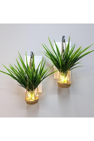 Duvar Dekoru, Led Işıklı, Yeşil Çimen Bitki, Beyaz Aplik İkili Set