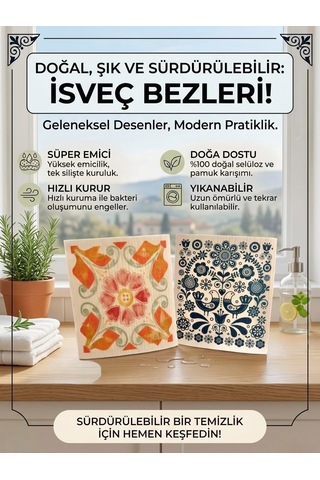 Lexroo İsveç Bezi, Renkli Desenli, Sürdürülebilir, Tekrar Kullanılabilir, Makinede Yıkanabilir Çok Renkli