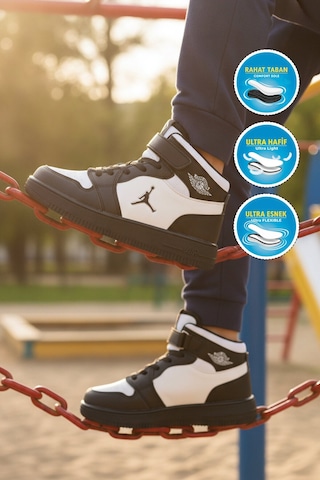 Cool Siyah-beyaz Cırtlı Basket Tarzı Bilek Boy Sneaker Erkek Çocuk Spor Ayakkabı Haykat Uzun Air Siyah - Beyaz