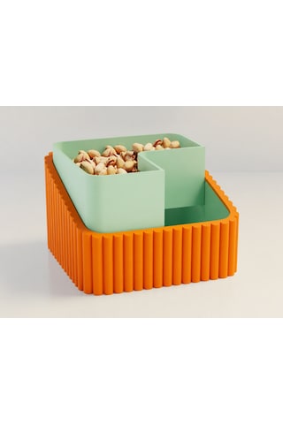 3d Baskı Fıstık Kasesi - Çift Hazneli Kabuk Ayırıcı Sunum Kasesi - Turuncu Mint
