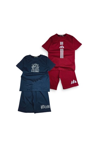 Minik Motion 2'li Set Kısa Kollu Tshirt Ve Şortlu Çocuk Minikmotion Alt Üst Takım Bordo - Lacivert