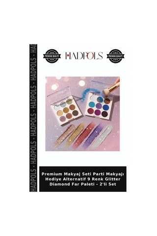 Premium Makyaj Seti Parti Makyajı Hediye Alternatif 9 Renk Glitter Diamond Far Paleti - 2'li Set Çok Renkli