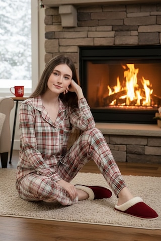 Remsa Kadın Ekose Desenli Önü Düğmeli Yumuşak Milan Kumaş Pijama Takımı 250347-1 Bej Bej