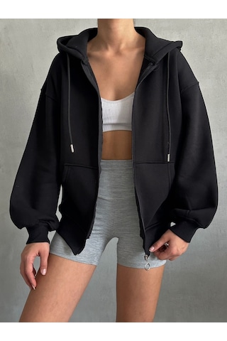 Kadın Fermuarlı Oversize Sweat Hırka Siyah