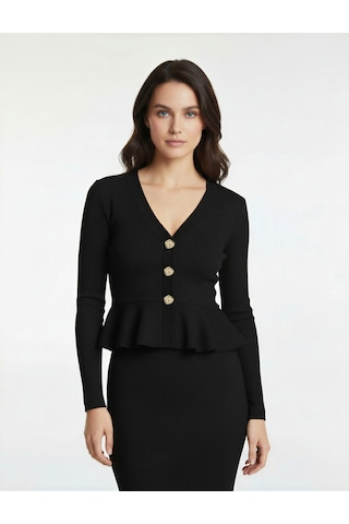 Koton Slim Fit Mücevher Düğmeli V Yaka Uzun Kollu Peplum Hırka Siyah 7wak30013ek