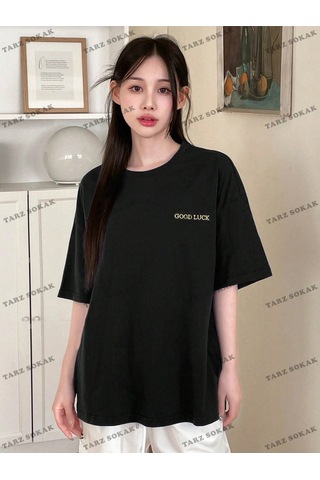 Adrift Good Lucky Baskılı Oversize Kalıp Unisex T-shirt Siyah