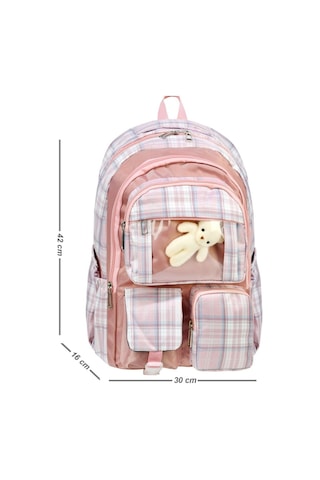 Ekose Peluş Ayıcıklı Şeffaf Cepli Okul Çantası Pembe