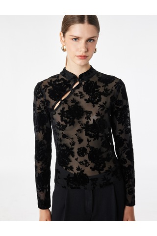 Koton Uzun Kollu Floral Dokulu Dik Qipao Yaka Tül Tişört Siyah Desenli 7wak10023uk