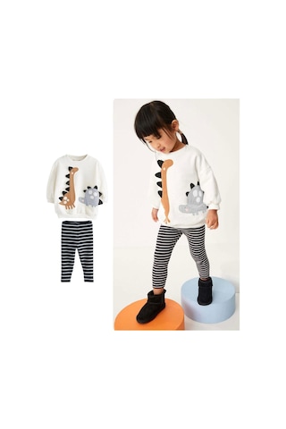 Lolliboomkids Kız Çocuk 3d Boyutlu Dikenli Dinozor Nakışlı Desenli Kışlık Pamuklu Sweatshirt Tayt Alt-üst Takım Gri Ekru Gri - Ekru