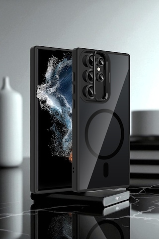 Galaxy S23 Ultra Kılıf Standlı Ve Kamera Lens li M-safe Şarj Özellikli Sararmaz Kılıf