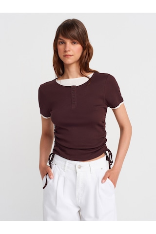 Dilvin 31816 Çift Katlı Büzgülü T-shirt-kahve Kahve